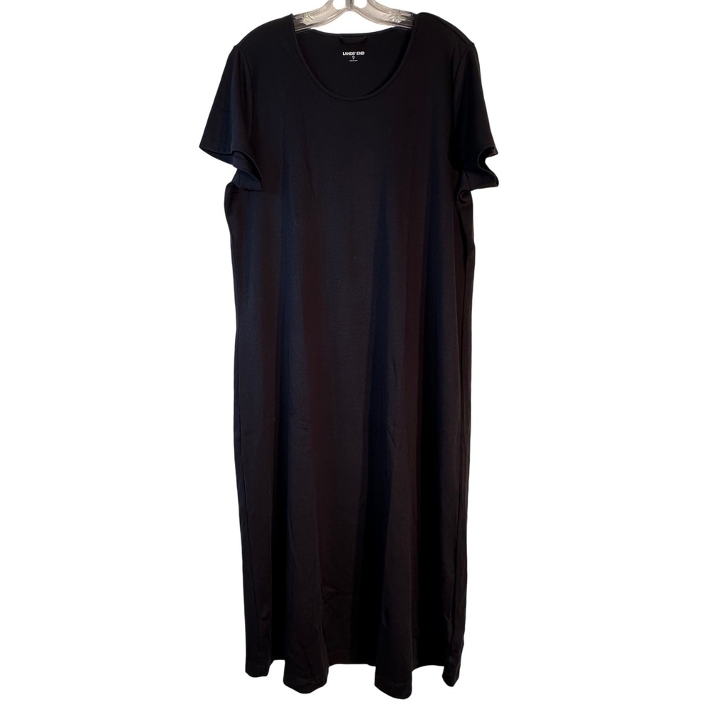 Lands End Womens XL Black 100% Cotton Short Sleeve Midi‎ T-Shirt Dress Relaxed